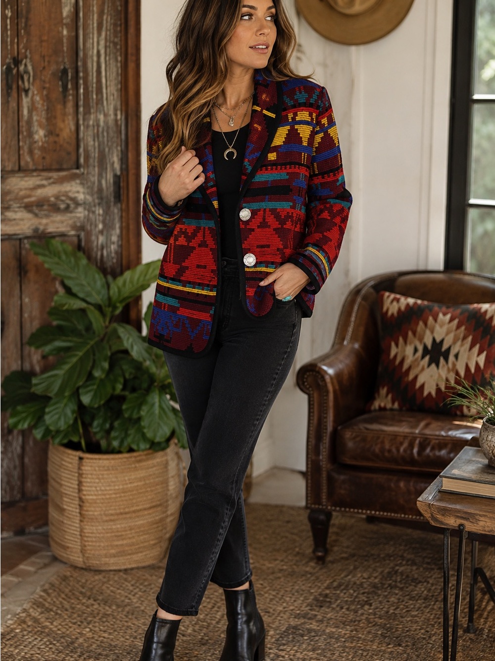 Vintage Miss New Yorker Southwestern Geometric Blanket Jacket Blazer Size S